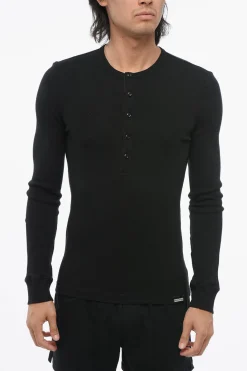 Clearance T-Shirt a Maniche Lunghe in Cotone con Abbottonatura Frontale Uomo Intimo