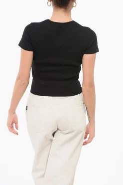 Clearance T-Shirt Crop a Costine con Logo in Cristalli Donna T-Shirts E Tops