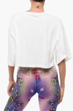 Hot T-Shirt Crop Oversize con Stampa sul Fronte Impreziosita da Strass Donna T-Shirts E Tops