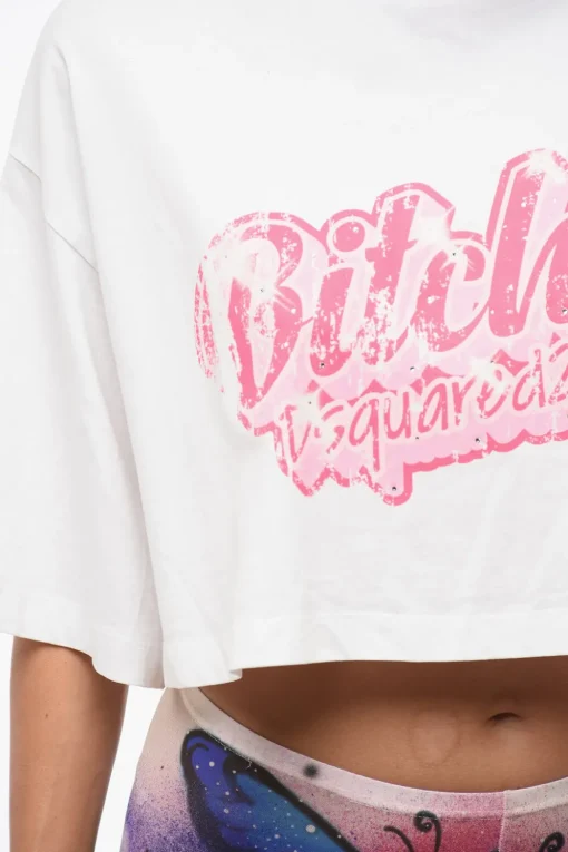 Hot T-Shirt Crop Oversize con Stampa sul Fronte Impreziosita da Strass Donna T-Shirts E Tops