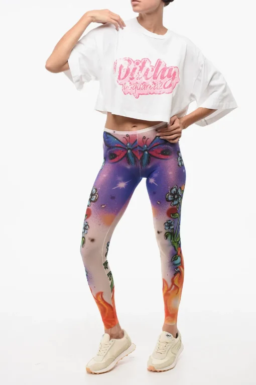 Hot T-Shirt Crop Oversize con Stampa sul Fronte Impreziosita da Strass Donna T-Shirts E Tops