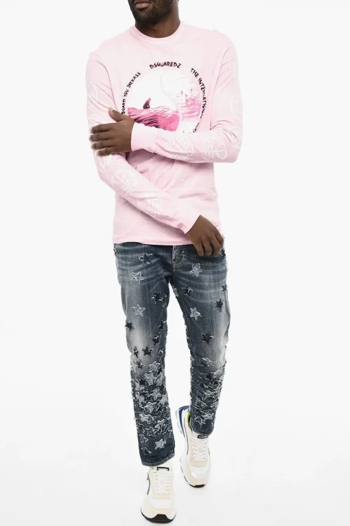 T-shirt Girocollo a Maniche lunghe Effetto Acid Wash>Dsquared2 Sale