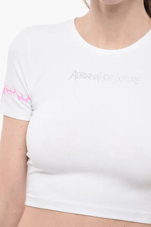 Hot t-shirt Girocollo con Logo in Strass Donna T-Shirts E Tops