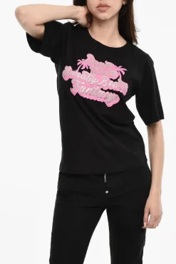 Hot T-shirt Girocollo Con Stampa Glitter Donna T-Shirts E Tops