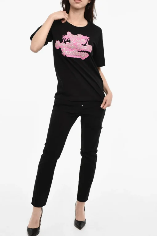 Hot T-shirt Girocollo Con Stampa Glitter Donna T-Shirts E Tops