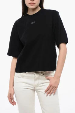 T-shirt Girocollo Crop con Maxi Ricamo sul Retro>Off-White Sale