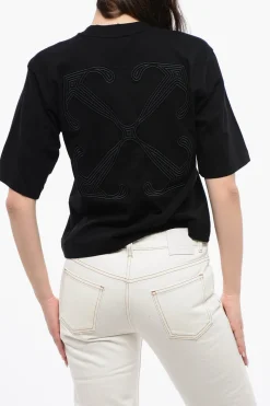 T-shirt Girocollo Crop con Maxi Ricamo sul Retro>Off-White Sale
