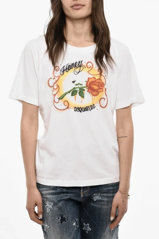T-shirt Girocollo In Cotone Stampata>Dsquared2 Discount