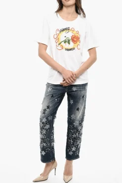 T-shirt Girocollo In Cotone Stampata></noscript>Dsquared2 Discount
