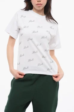 T-shirt Girocollo In Cotone con Logo in Strass All-Over>Karl Lagerfeld Online