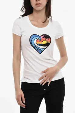 Fashion T-shirt girocollo In Cotone con Stampa Frontale Donna T-Shirts E Tops