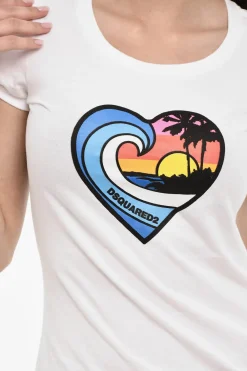Fashion T-shirt girocollo In Cotone con Stampa Frontale Donna T-Shirts E Tops