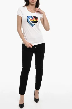Fashion T-shirt girocollo In Cotone con Stampa Frontale Donna T-Shirts E Tops