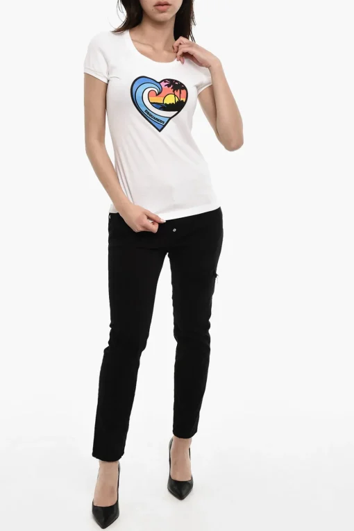 Fashion T-shirt girocollo In Cotone con Stampa Frontale Donna T-Shirts E Tops