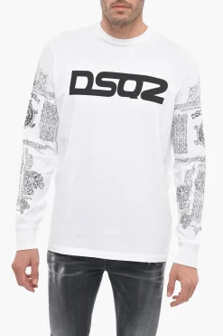 T-Shirt Girocollo in Cotone con Maniche Stampate>Dsquared2 Discount