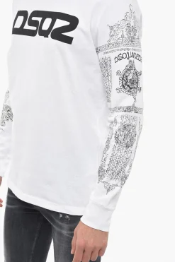 T-Shirt Girocollo in Cotone con Maniche Stampate></noscript>Dsquared2 Discount