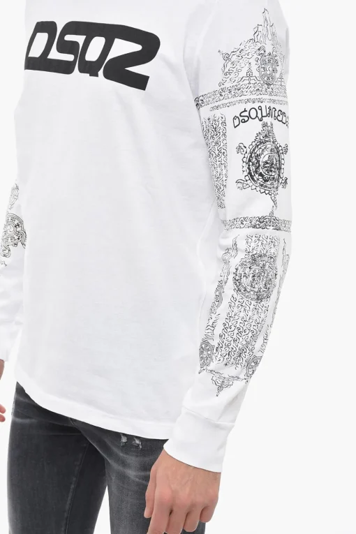 T-Shirt Girocollo in Cotone con Maniche Stampate>Dsquared2 Discount