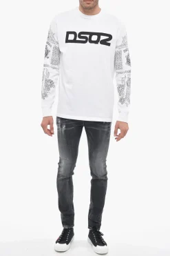 T-Shirt Girocollo in Cotone con Maniche Stampate></noscript>Dsquared2 Discount