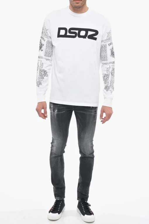 T-Shirt Girocollo in Cotone con Maniche Stampate>Dsquared2 Discount