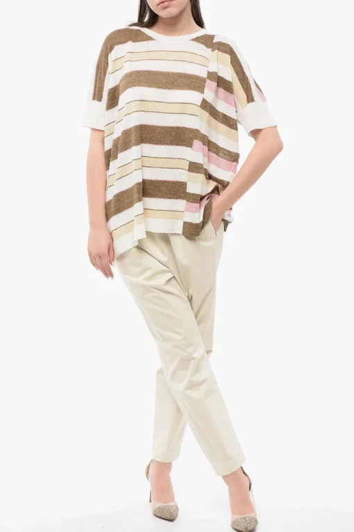 T-Shirt Girocollo in Lino con Motivo a Righe>Woolrich Hot