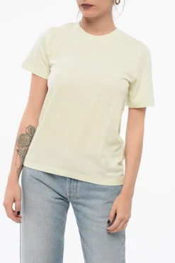 New T-Shirt Girocollo in Misto Cotone Monocromo Donna T-Shirts E Tops