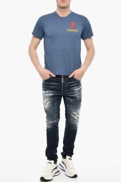 T-shirt Girocollo in Misto Cotone con Stampa></noscript>Dsquared2 Online