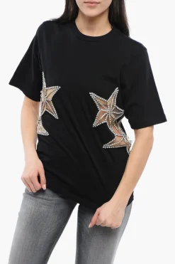 T-Shirt Girocollo STAR con Dettagli See Through e Cristalli>Dsquared2 Clearance
