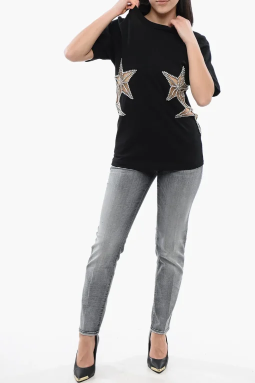 T-Shirt Girocollo STAR con Dettagli See Through e Cristalli>Dsquared2 Clearance