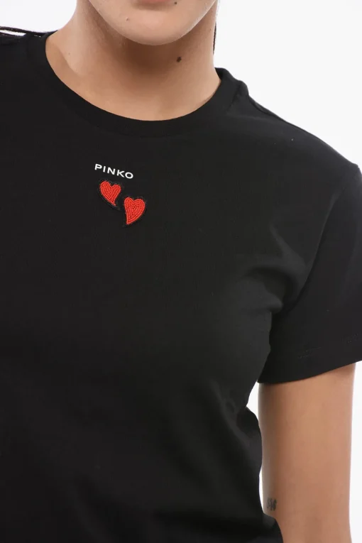 T-Shirt Girocollo TRAPANI in Cotone con Cuoricini a Contrasto>Pinko Outlet