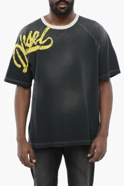 Online T-Shirt Girocollo T-ROXT-SLITS Effetto Sbiadito con Logo Floccato Uomo T-Shirt