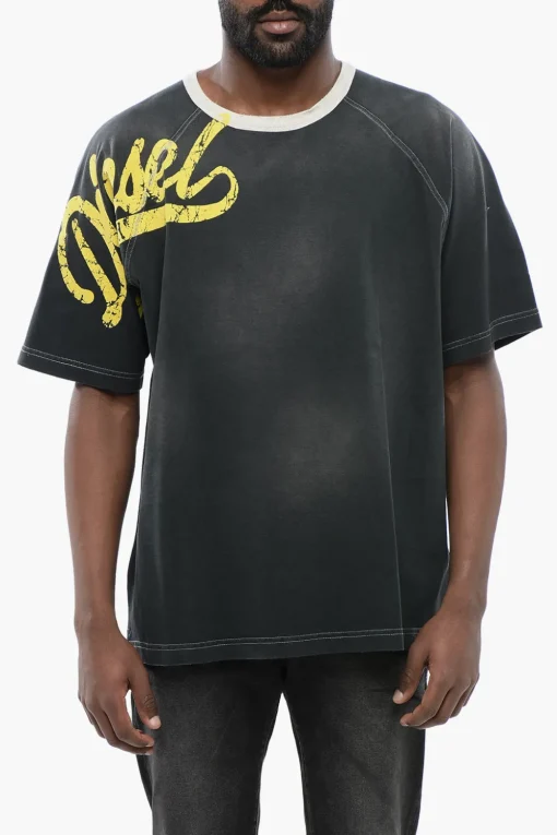 Online T-Shirt Girocollo T-ROXT-SLITS Effetto Sbiadito con Logo Floccato Uomo T-Shirt