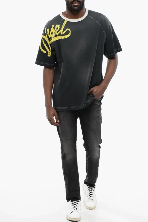 Online T-Shirt Girocollo T-ROXT-SLITS Effetto Sbiadito con Logo Floccato Uomo T-Shirt