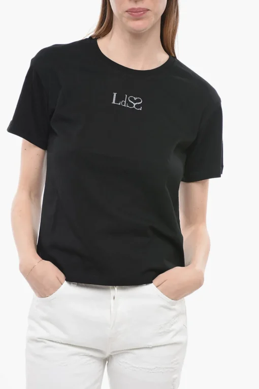 Hot T-shirt Girocollo UNISEX In Cotone con Logo in Strass Donna T-Shirt|T-Shirts E Tops