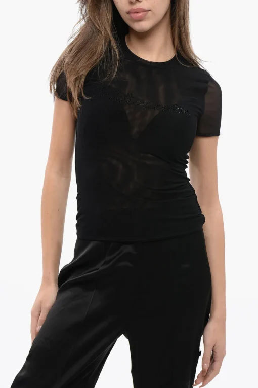 T-Shirt in Tulle con Logo in Strass>Blumarine Discount