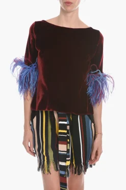 Discount T-shirt in Velour con Maniche 3/4 e Dettaglio Piume Donna T-Shirts E Tops