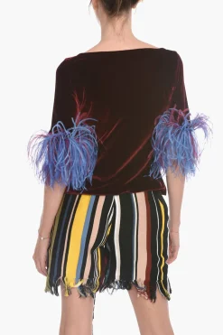 Discount T-shirt in Velour con Maniche 3/4 e Dettaglio Piume Donna T-Shirts E Tops