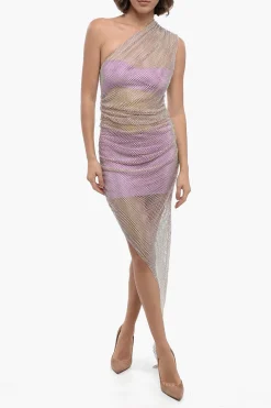 Vestito Asimmetrico in Mesh Drappeggiato con Strass>Giuseppe Di Morabito Discount