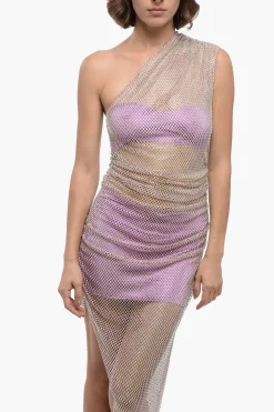 Vestito Asimmetrico in Mesh Drappeggiato con Strass></noscript>Giuseppe Di Morabito Discount
