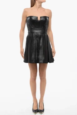 Vestito Bustier in Pelle con Gonna Plissè>Balmain Discount