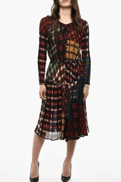 Vestito in Misto Seta A Maniche Lunghe Con Motivo Tartan>Dsquared2 Fashion