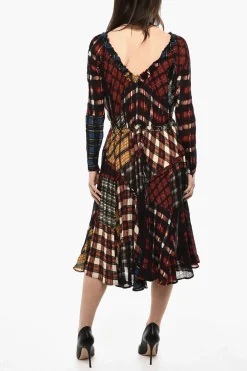 Vestito in Misto Seta A Maniche Lunghe Con Motivo Tartan>Dsquared2 Fashion