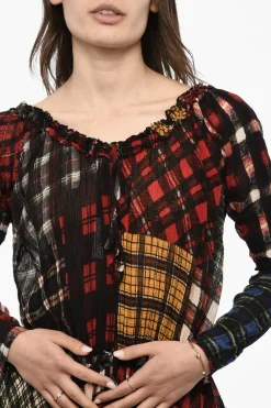 Vestito in Misto Seta A Maniche Lunghe Con Motivo Tartan></noscript>Dsquared2 Fashion