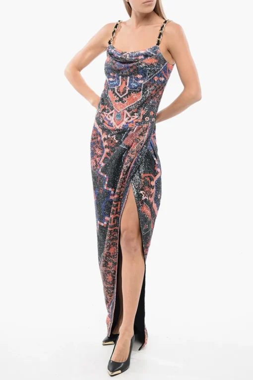 Online Vestito In Paillettes Con Catene E Spacco Profondo Donna Vestiti
