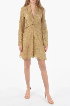Vestito in Pizzo Macrame' con Scollo a V e Dettaglio Arricciato>Super Blond Best