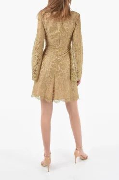 Vestito in Pizzo Macrame' con Scollo a V e Dettaglio Arricciato>Super Blond Best