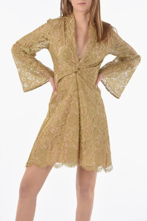 Vestito in Pizzo Macrame' con Scollo a V e Dettaglio Arricciato>Super Blond Best