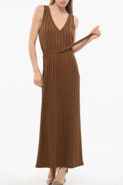 Fashion Vestito Lungo a Coste con Cintura Donna Vestiti