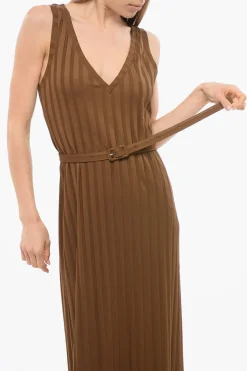Fashion Vestito Lungo a Coste con Cintura Donna Vestiti