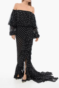 Online Vestito Lungo A Pois Con Scollo A Barca E Frange Donna Vestiti