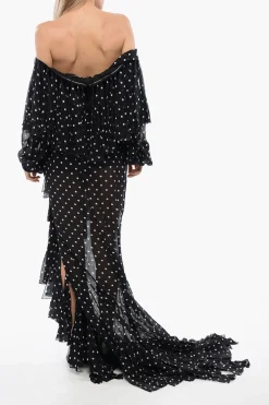 Online Vestito Lungo A Pois Con Scollo A Barca E Frange Donna Vestiti